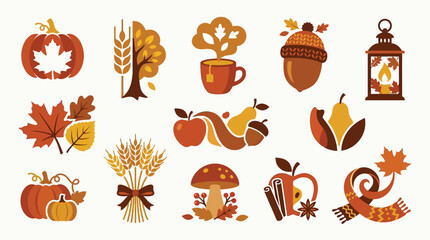 Collection of Autumnal Icons and Symbols Representing Fall Harvest and Season. © tr