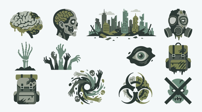 Collection of zombie apocalypse icons and symbols, including brains, undead, ruined city, gas mask, and biohazard signs.