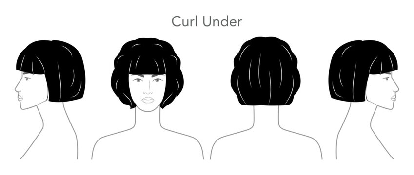 Curl Under Page Boy Bob hairstyle black white vector front back profile views, curved haircut structure smooth line for salon, hairdresser, fashion illustration, beauty reference, graphic system