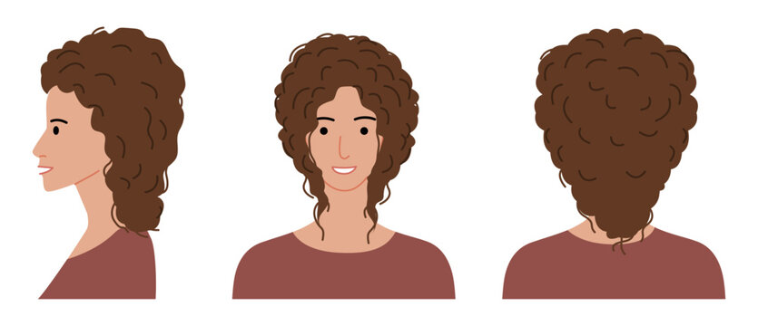 Wavy Hair hairstyle flat vector front back profile views, soft waves layered structure for avatar, beauty app, interface design, fashion illustration, character system