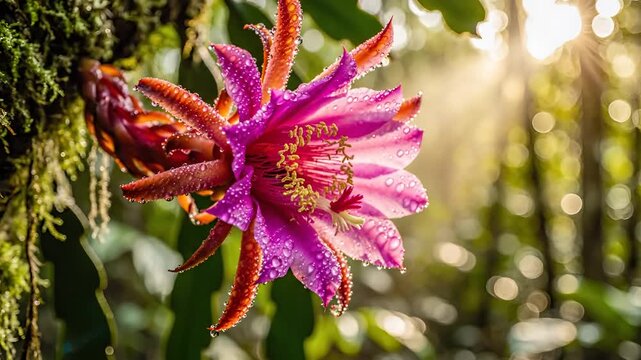 Exotic Pink Epiphyllum Cactus Flower Blooming in Lush Rainforest Sunlight.