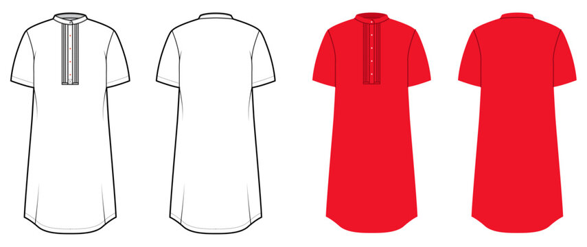 Short sleeve Kurta shirt with decorative placket panel, mandarin collar and clean silhouette with minimal construction. Technical fashion illustration in black and white and color, front and back