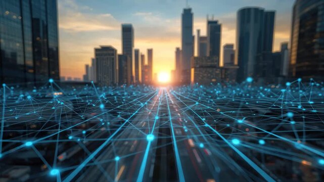 Futuristic city skyline connecting digital network grid sunset with glowing nodes and optimistic