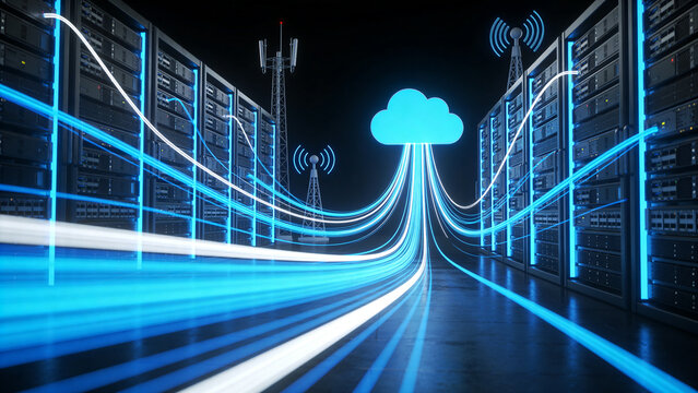 Futuristic data center infrastructure with cloud computing connectivity and cellular network towers, technology and digital transformation concept