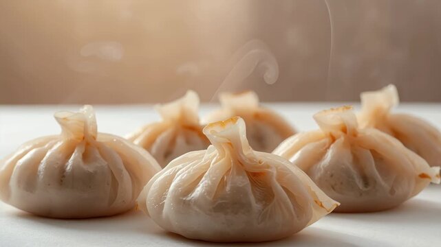 Steamed dumpling tabletop with soft steam and warm lighting steamed soup dumpling white surface