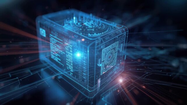 Holographic server module glowing with blue circuitry and data streams holographic data server