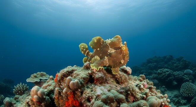 Camouflaged Frogfish Blends with Coral Reef Underwater Scene