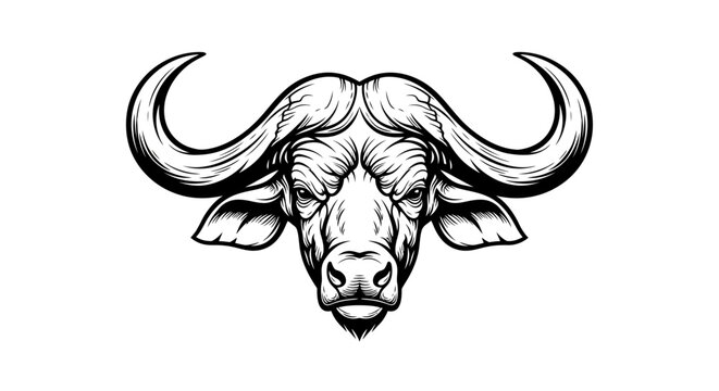 African cape buffalo head black and white line art.