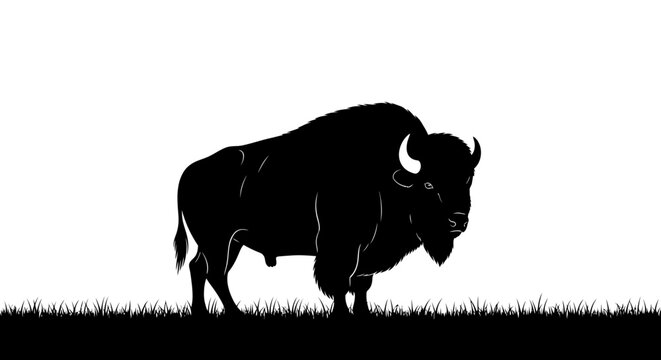 American bison buffalo silhouette standing in grassy field.