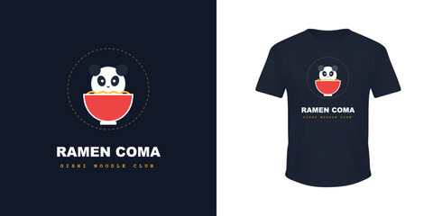 Ramen coma logo with cute panda in bowl and text. © Ai Studio 