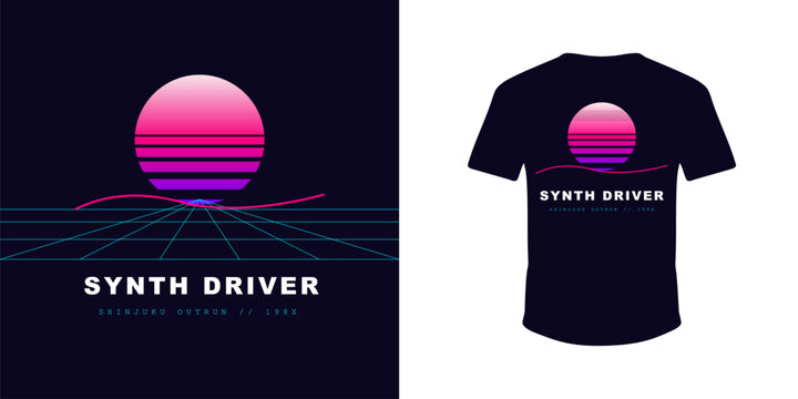 Synth driver retro wave vaporwave aesthetic sunset with neon grid and pink sun.