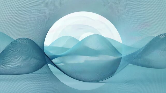 Tranquil abstract wave mesh with translucent sphere and soft teal gradient flowing ribbon landscape