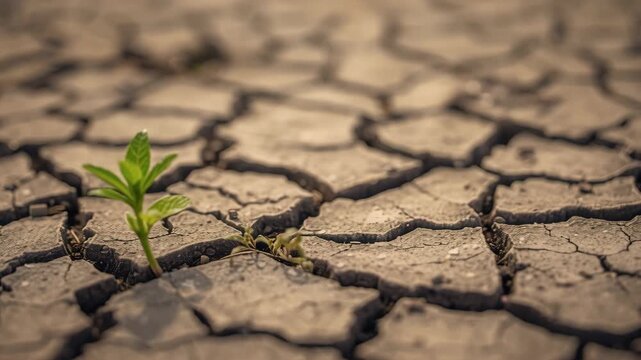 Young sprout seedling cracking through dry earth cracked soil drought resilience hope emerging