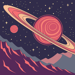 Retro style illustration of saturn planet with rings and moons in outer space galaxy landscape sci fi universe © Hosen