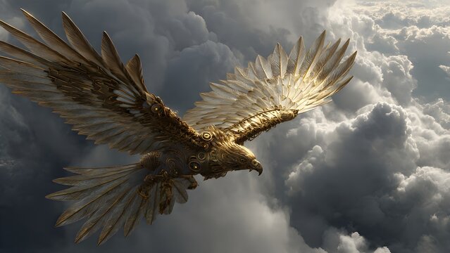 Golden eagle soars through dramatic stormy clouds with outstretched wings in flight