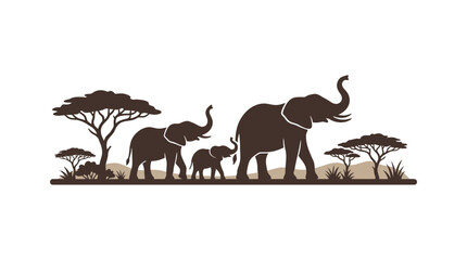 Silhouette illustration of an elephant family walking through the African savanna. © Odette Anya