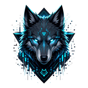 Abstract futuristic cyber wolf head portrait with glowing blue neon details sci fi futuristic technology portrait abstract predator cyberpunk stylized illustration contrast