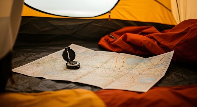 Camping Tent Interior with Map and Compass for Navigation