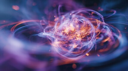 Obraz premium Vibrant energy swirls within cosmic vortex. Orange sparks dance in swirling purple currents. Faint glowing trails float in deep space. Abstract motion suggests dynamic force or creation