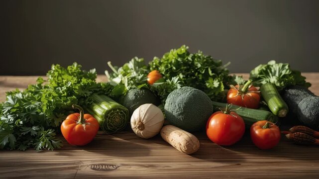 Fresh green vegetables and ripe tomato broccoli zucchini celery parsley bok arranged rustic wooden