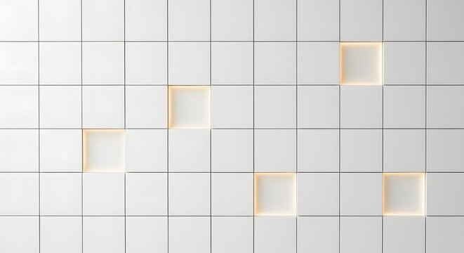 Clean minimalist white geometric architectural wall panel texture with soft warm recessed edge lighting