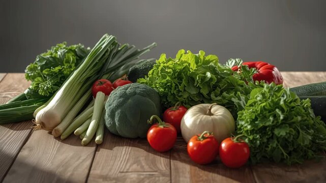 Fresh organic tomatoes lettuce green onion broccoli garlic cucumber wooden table with warm vibrant
