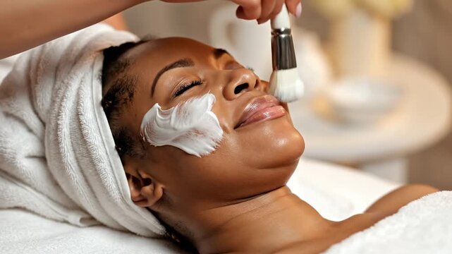 Close-up of a relaxed African American woman with a white head towel receiving a facial treatment as an aesthetician applies a cream mask to her cheek with a soft brush.