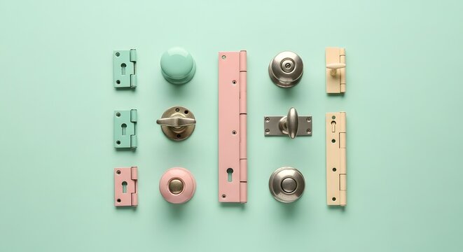 Collection of Colorful Door Knobs Hinges and Locks