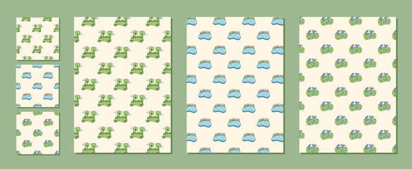Seamless doodle camping pattern collection in green with mountain, lake, forest, river and nature sketch. Adventure camp and travel motif, color outdoor pattern for summer trip or set. © Moonnoon