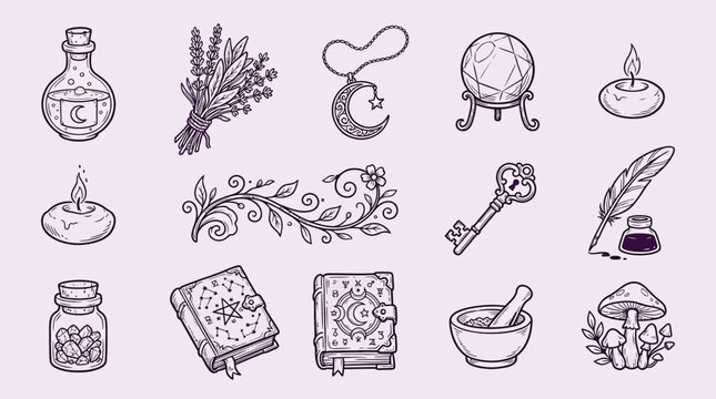 Collection of mystical and magical items, including potions, crystals, candles, and spellbooks, in a hand-drawn style.