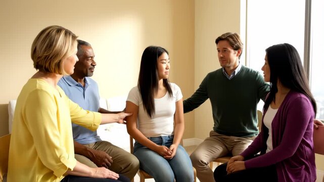 A group of five people sit in a circle supporting a sad person.