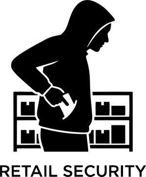 Solid black silhouette of a shoplifter hiding merchandise in a jacket isolated on white