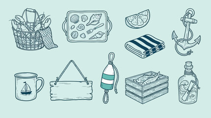 Nautical and beach-themed illustrations including an anchor, seashells, a lobster pot, and a message in a bottle. © KN collection