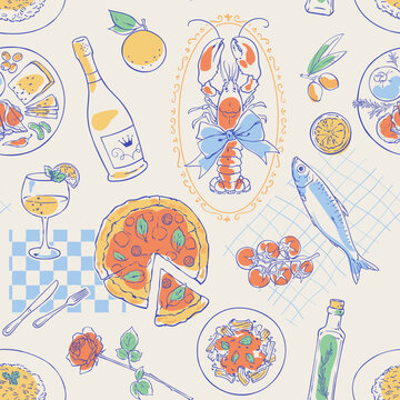 Italian picnic food seamless pattern with whimsical lobster and pizza doodle on light background. Seafood, pasta and wine sketch illustration for mediterranean restaurant design summer picnic art in