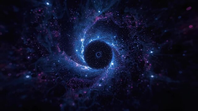 Galactic spiral vortex of blue and purple nebula with glowing star filled cosmic swirl space