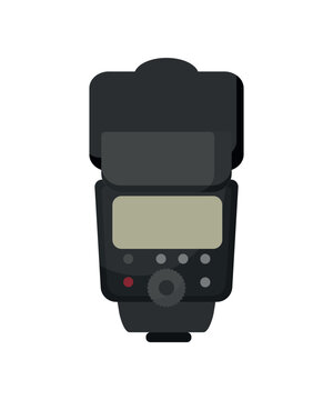 Flat vector illustration of a camera flash speedlight from the back side with an LCD screen. Photography accessory isolated on white background.