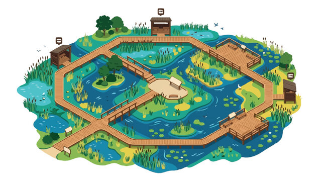 Isometric Wetland Nature Reserve Illustration with Wooden Boardwalk, Birdwatching Shelters, and Marsh Ecosystem on White Background