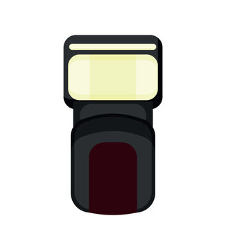 Flat vector illustration of a portable camera speedlight flash. Compact photography equipment isolated on white background.