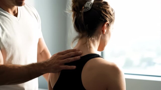 A man places his hand on a woman's neck and shoulder.