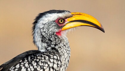 Obraz premium Close-up of a striking bird with a large, curved yellow beak and a vibrant eye, showcasing intricate feather patterns