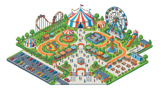 Isometric Amusement Park Illustration with Roller Coaster Ferris Wheel Circus Tent and Carnival Games Fairground Map Concept