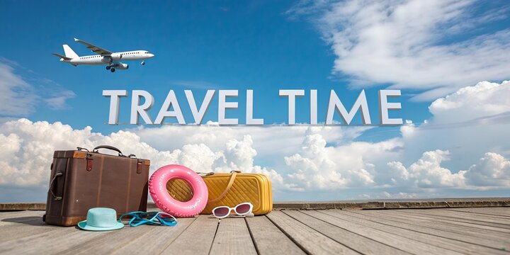 Summer beach travel scene with suitcase hat and flip flops vacation concept
