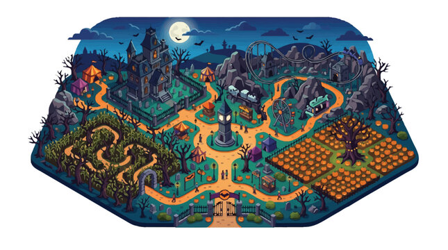 Spooky Isometric Halloween Amusement Park Map Featuring Haunted House, Roller Coaster, Corn Maze, and Pumpkin Patch Illustration