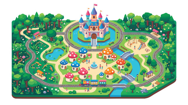 Isometric Fantasy Theme Park Illustration with Fairytale Castle, Mushroom Houses, and Toy Train Track in a Lush Forest Map