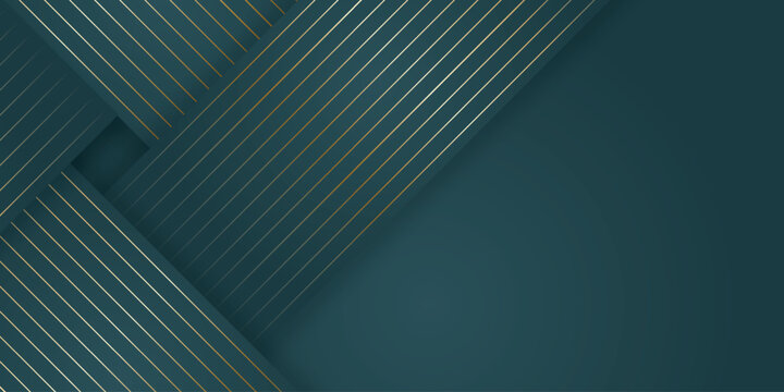 Dark green gradient background with overlapping sparkling gold lines. Luxurious gold line elements with elegant shadow effect. Elegant vector template. EPS. 3