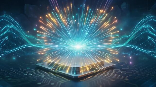 Futuristic microchip with digital explosion and glowing lines