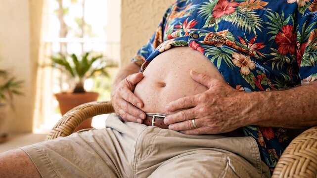 Overweight man male belly abdomen waist hands shirt shorts belt sitting posture, senior sitting wicker chair holding abdomen, obesity health lifestyle, digestion pain bloating discomfort