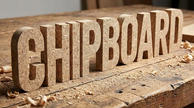 Chipboard letters standing on rustic woodworking bench with shavings.