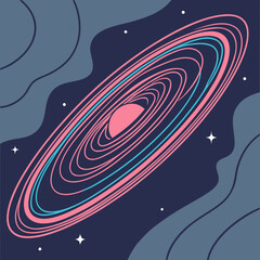 Stylized spiral galaxy illustration with stars and abstract cosmic shapes outer space solar system space exploration © Creative Pixel Lab