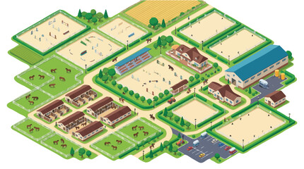 Fototapeta premium Isometric Equestrian Center and Horse Ranch Illustration with Stables, Jumping Arenas, and Paddocks